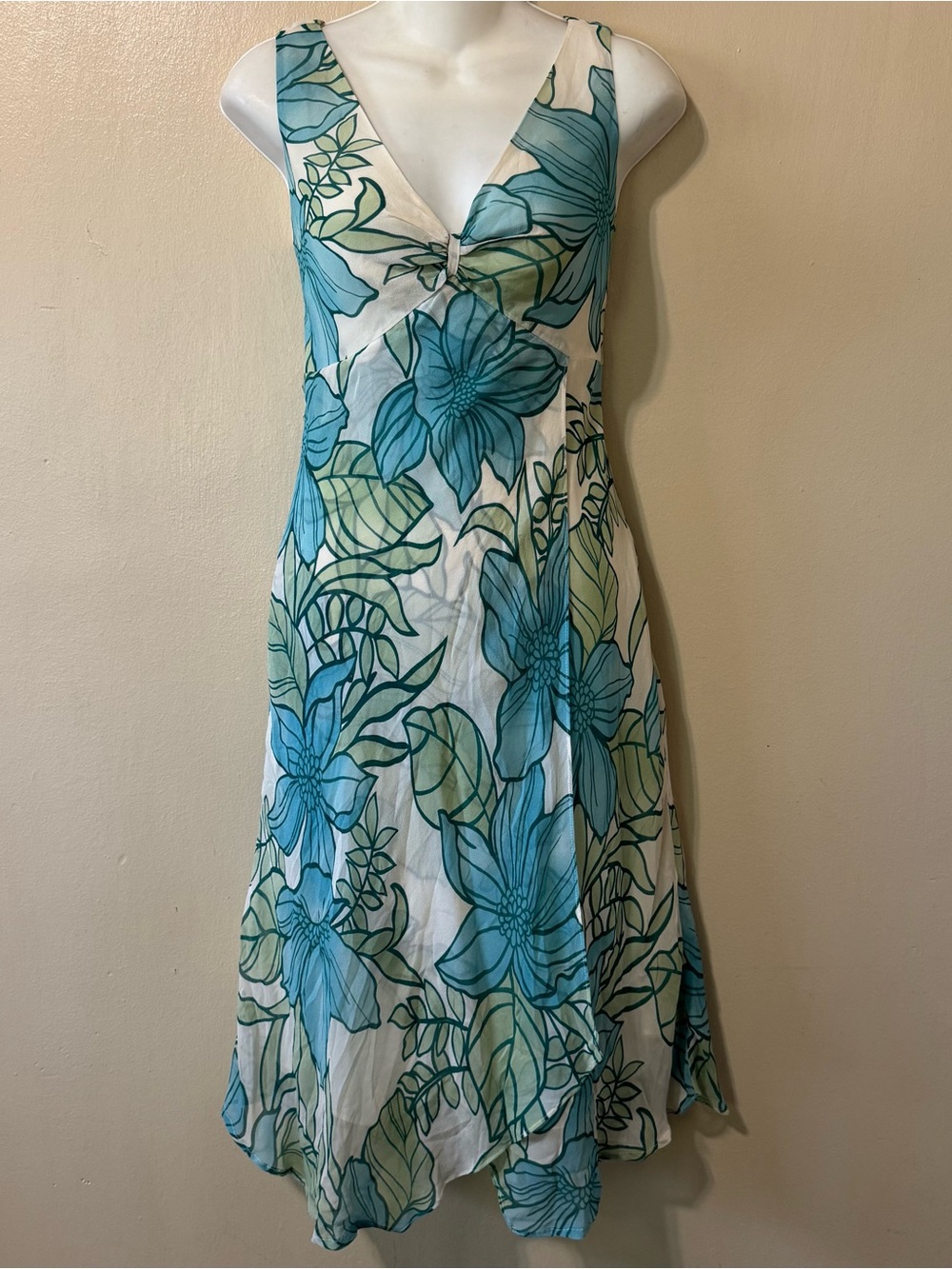 Y2K/2000s Vintage 100% Silk Floral Blue & Green V-Neck Summer Midi Dress
